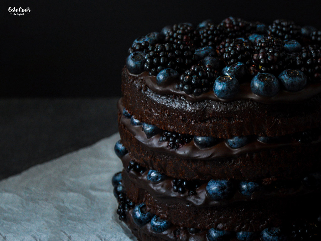 Extra čokoládový dort s ostružinami a borůvkami